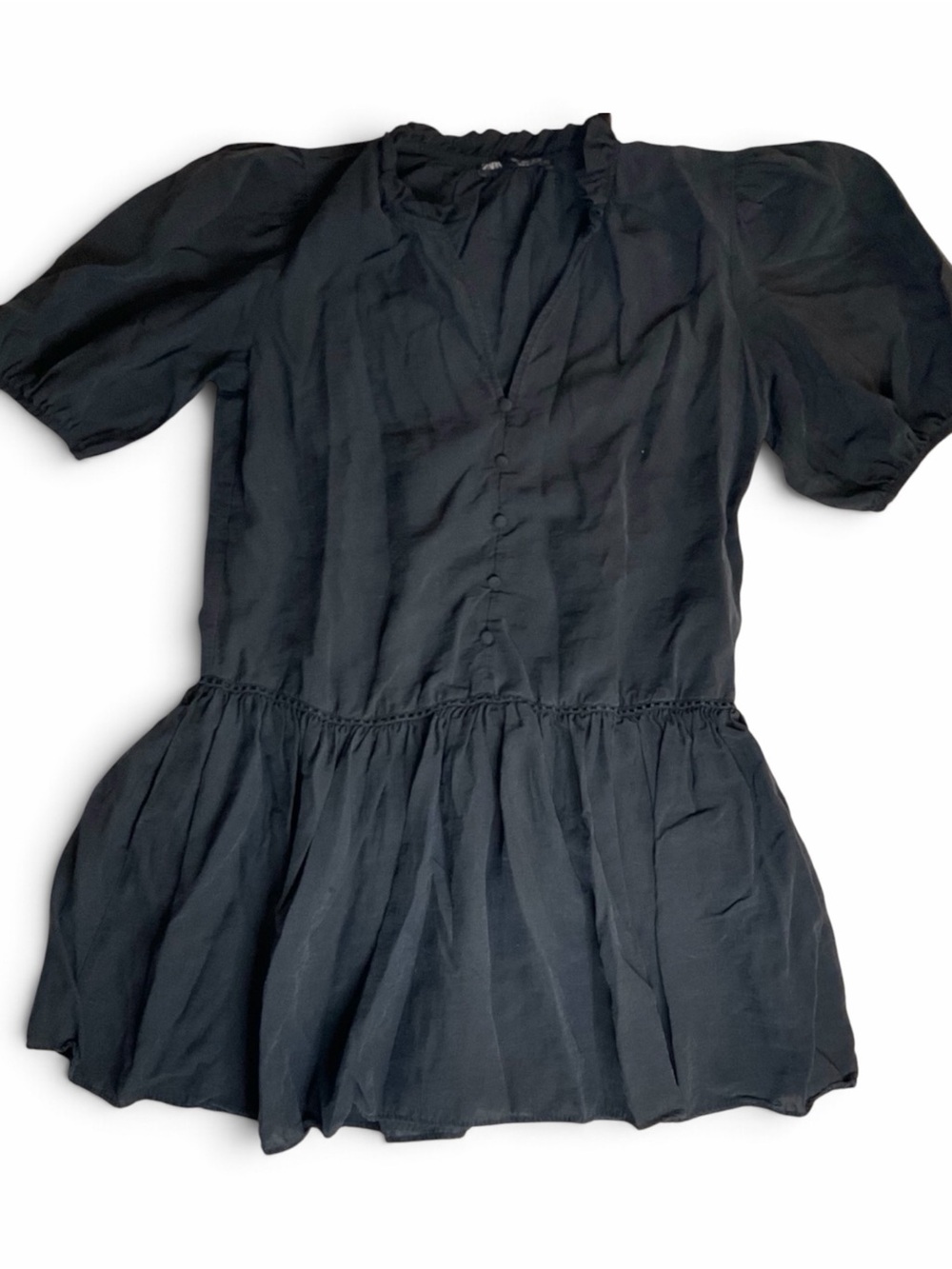 (Size S) Zara Black Puff Sleeve Ruffle V-Neck Babydoll Mini Dress